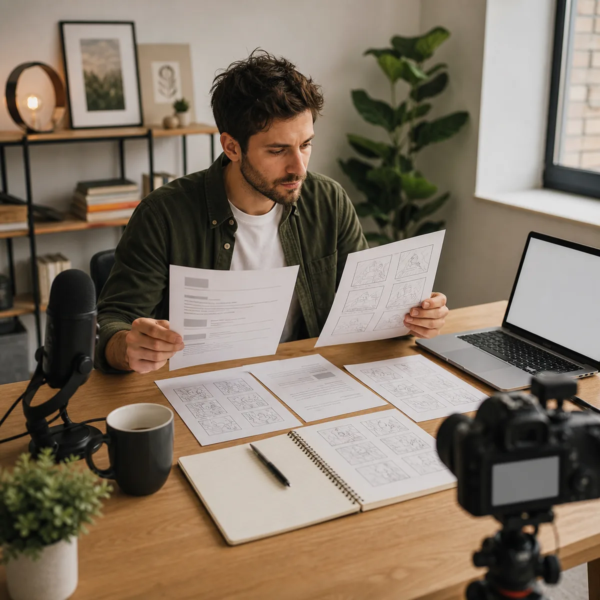 Content creator comparing YouTube script outlines beside a microphone and camera