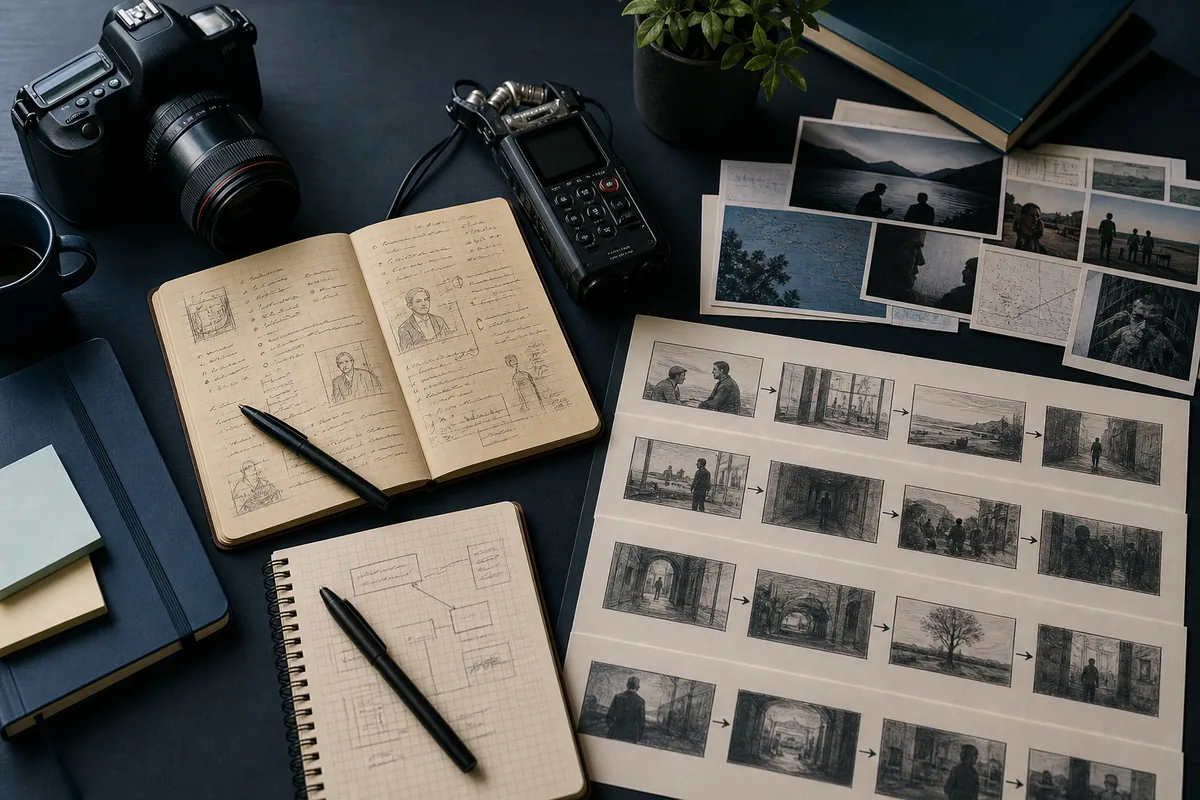 Planungstisch für einen Dokumentarfilm mit Kamera, Recorder, Recherchenotizbuch, Fotos und Storyboard