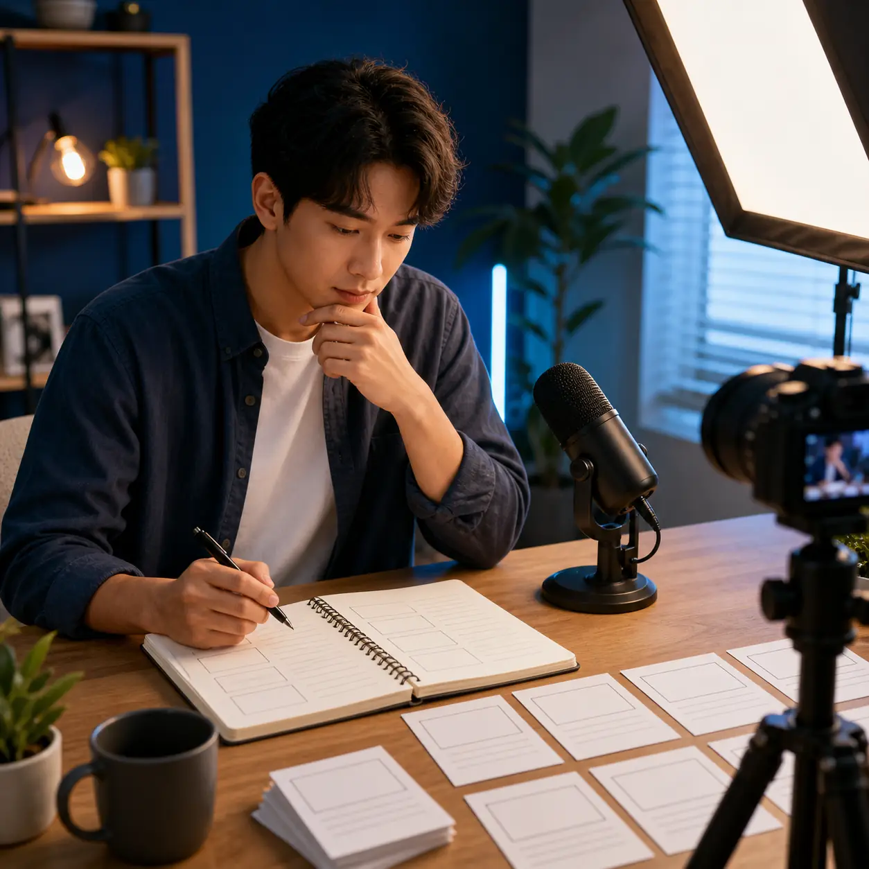 Creator planning a YouTube script beside a camera, microphone, notebook, and storyboard cards
