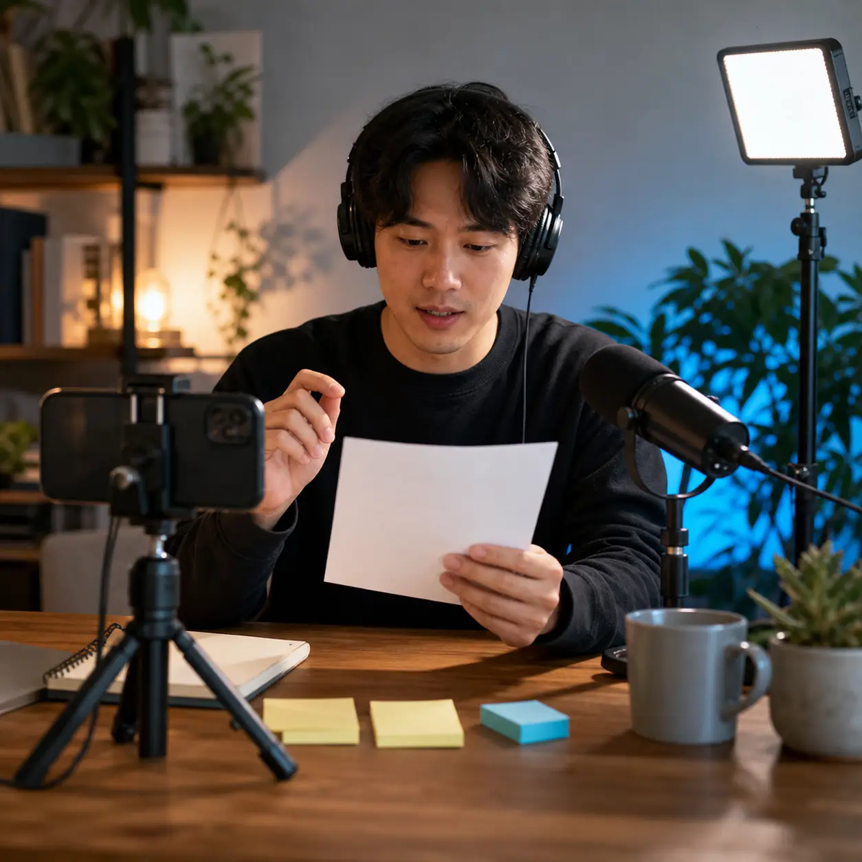 Creator liest ein YouTube-Skript laut neben Smartphone, Mikrofon, Kopfhörern und Studiolicht