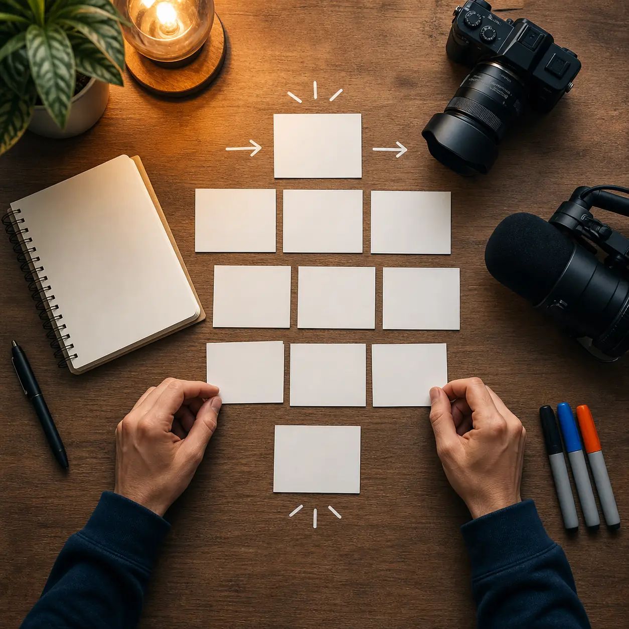 Schede storyboard disposte per creare la struttura di uno script YouTube accanto a camera e microfono