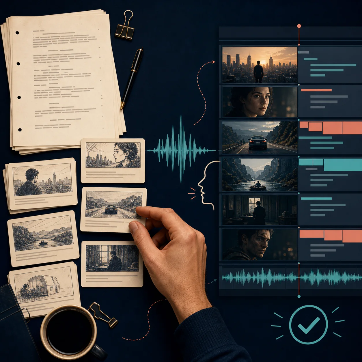 A creator reviewing a script, storyboard cards, voice waveform, and video timeline before approval