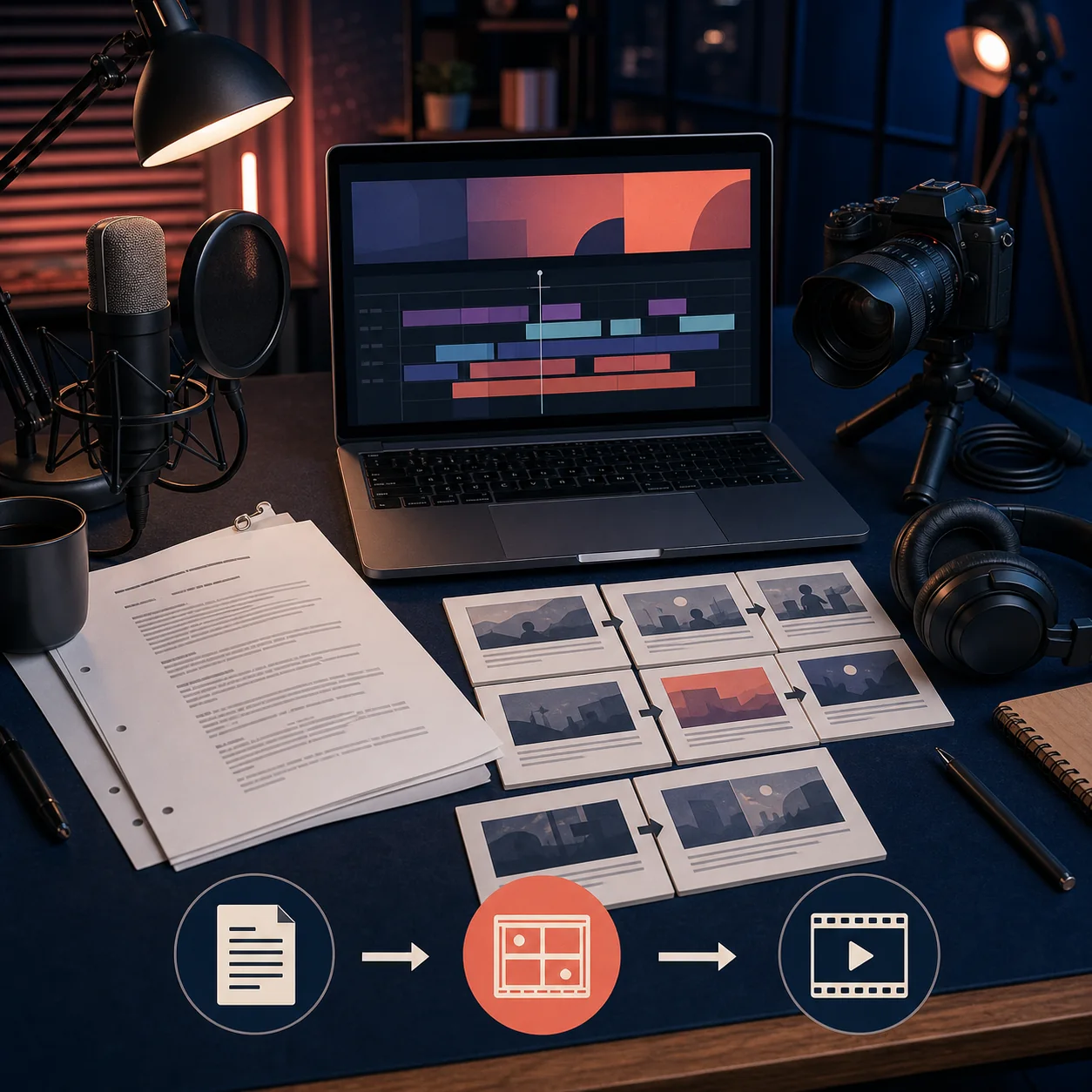 Script pages, storyboard cards, camera, microphone, and a video timeline showing a script-to-video workflow