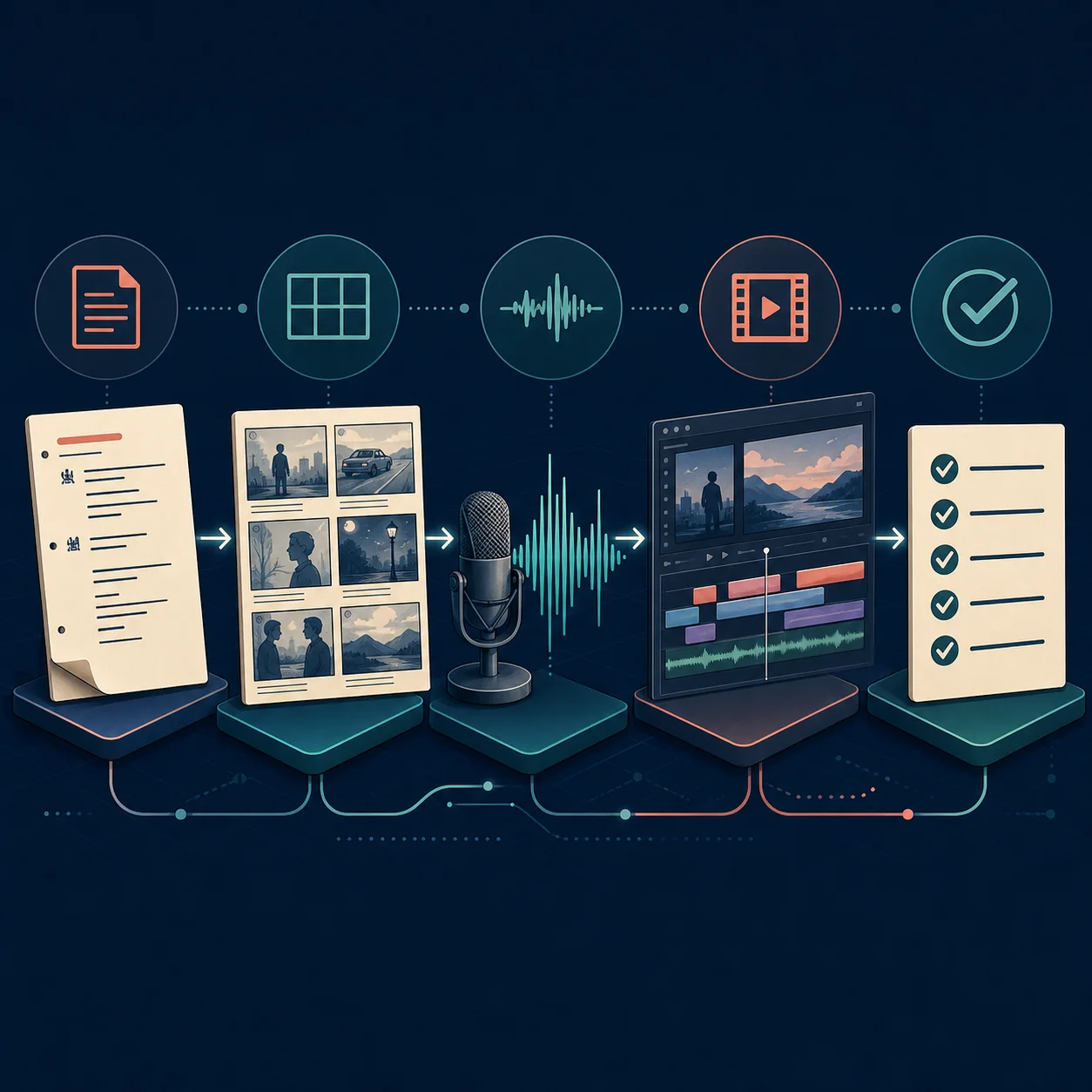 Five visual stages from script and storyboard to voice, video timeline, and human review