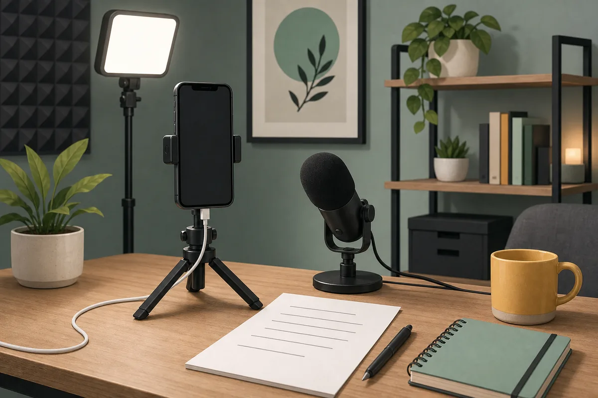 Teléfono, luz, micrófono y guion preparados para grabar un YouTube Short