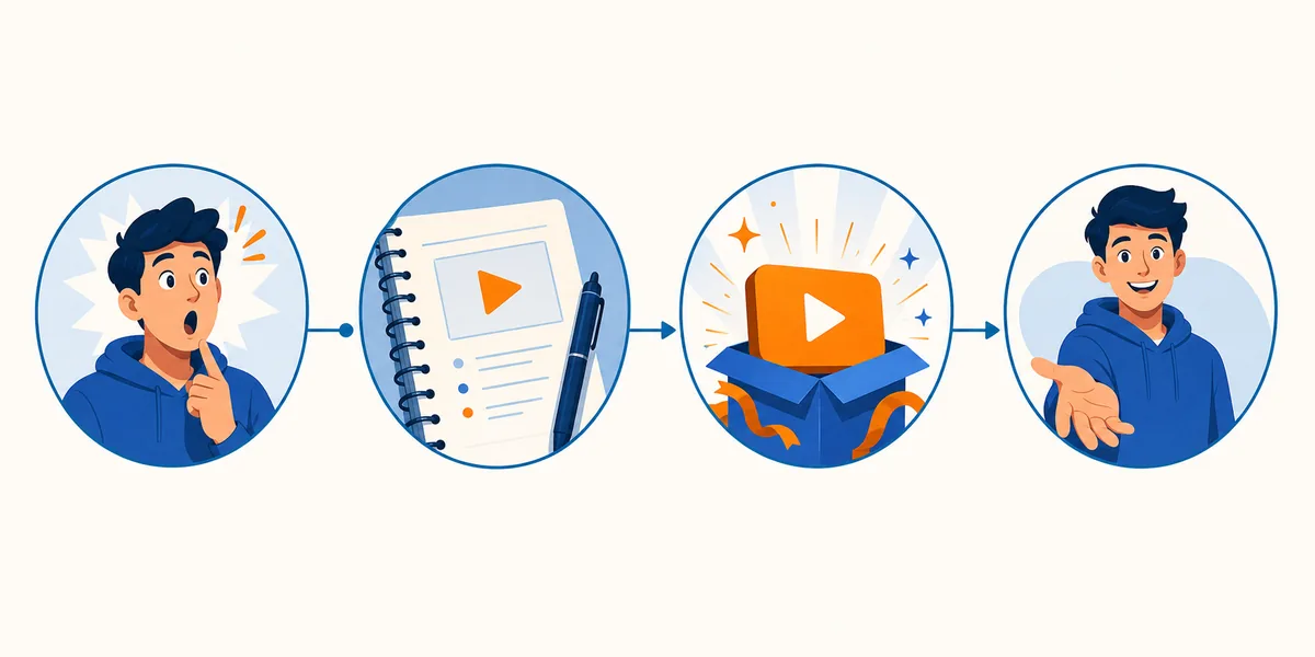 Cuatro etapas ilustradas de un guion de Shorts: gancho, contexto, resultado y llamada a la acción