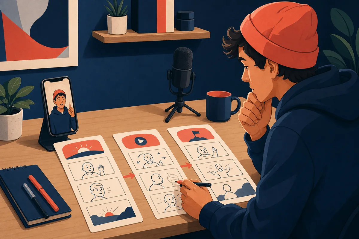 Creador planificando un guion de YouTube Shorts con tarjetas, teléfono y micrófono
