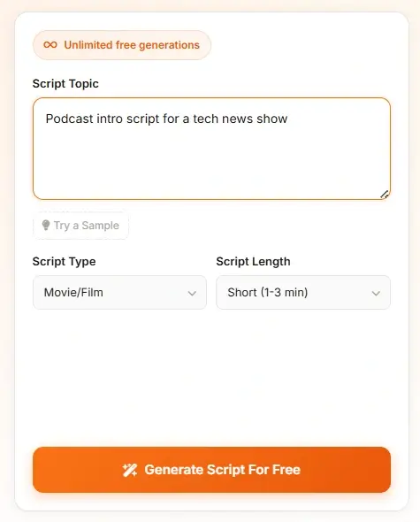 Exemple d’entrée et de sortie du générateur de scripts YouTube